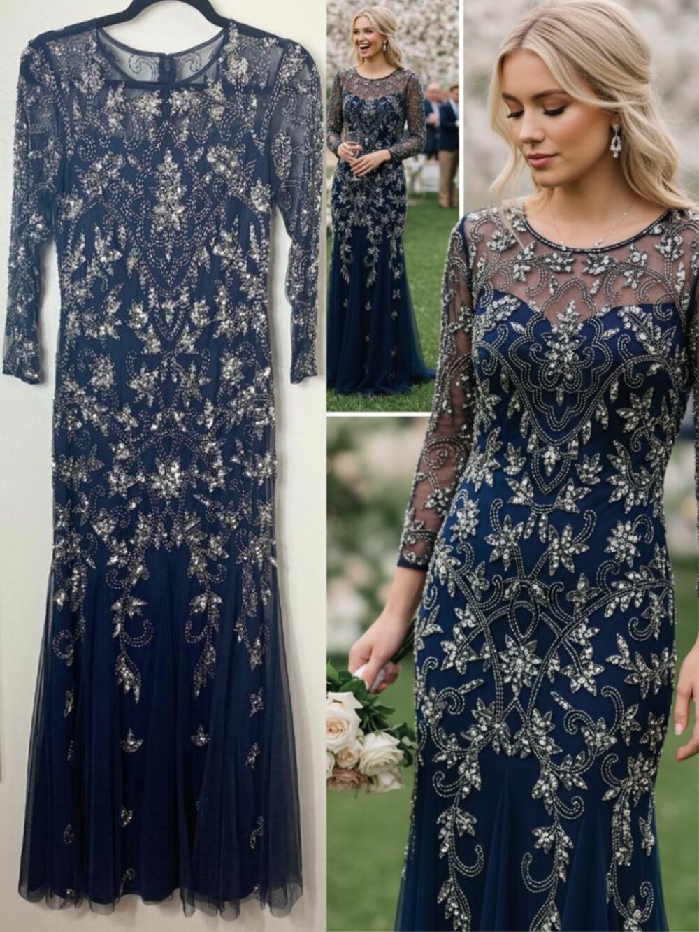 Wedding Guest Dress Adrianna Papell Navy Beaded Formal Gown Mother of the Bride